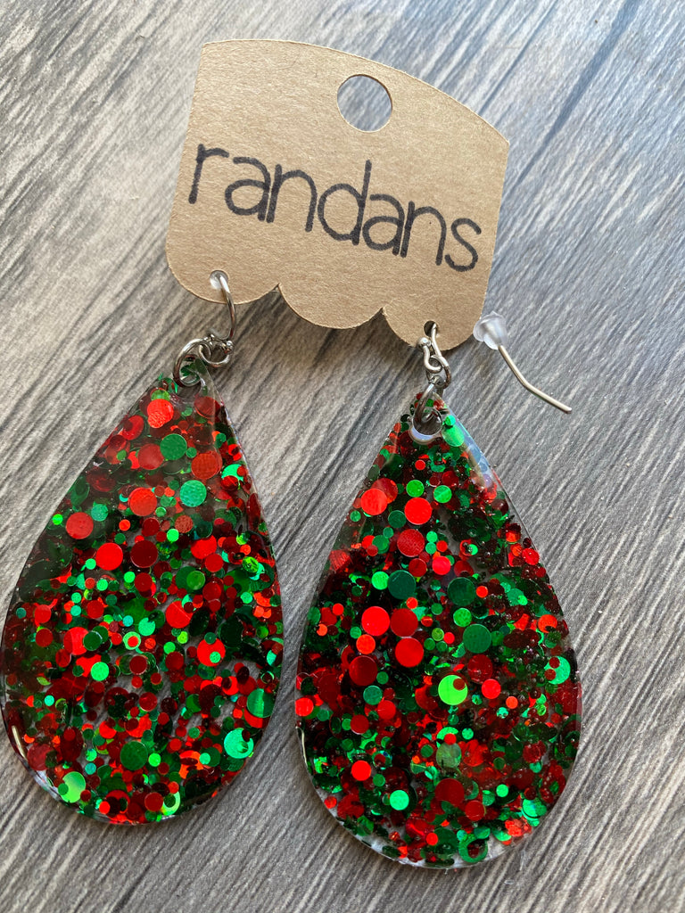 "Christmas Dots” Red + Green Glitter Handcrafted Resin Earrings - twistedbuffaloboutique