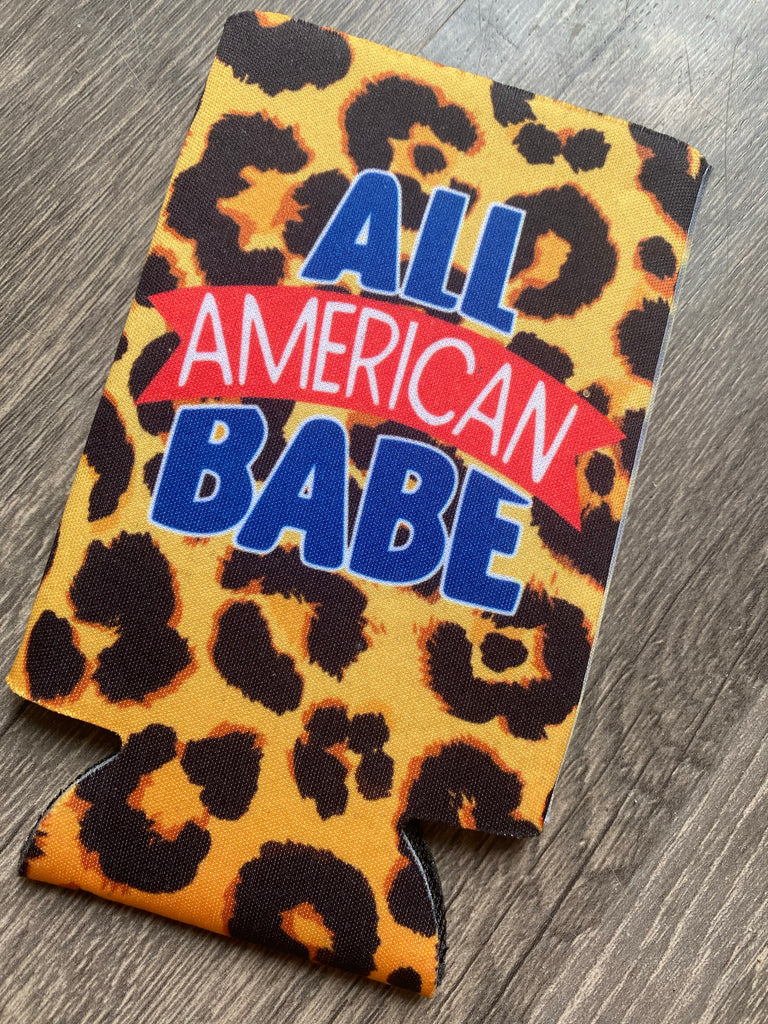 All American Babe Patriotic + Leopard SKINNY Can Cooler - twistedbuffaloboutique