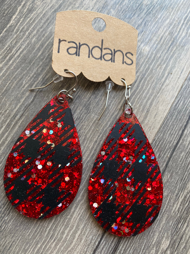 "Estel" Red + Black Sparkly Plaid Glitter Handcrafted Resin Earrings - twistedbuffaloboutique