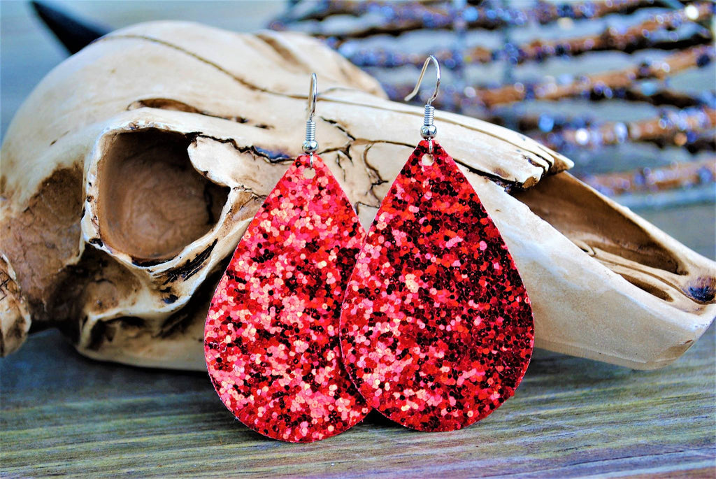 "Ruby Red Slippers" Glitter Canvas Chunky Teardrop Earrings - twistedbuffaloboutique